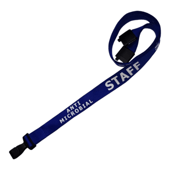 Blue antimicrobial staff lanyard with plastic clip and breakaway, sold in packs of 25.