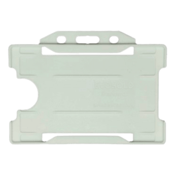 Clear recyclable ID card holder with horizontal orientation and clip slot, ideal for displaying staff ID or access cards.