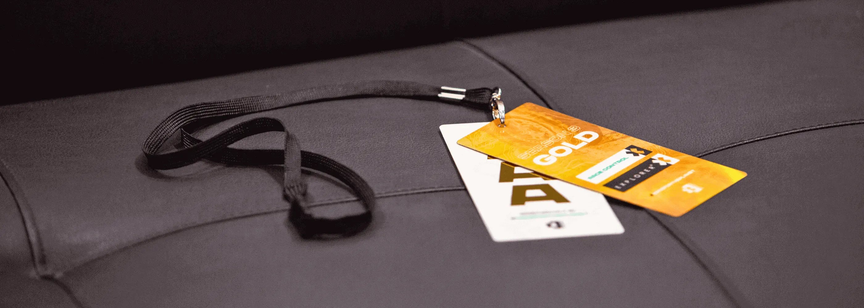 Two custom printed event passes attached to a black lanyard