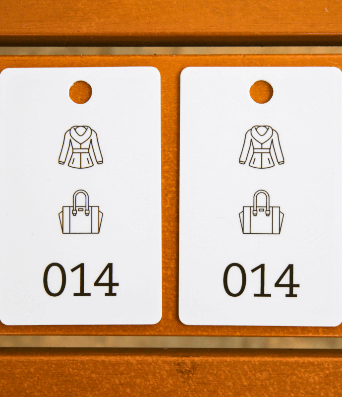 Pre-Printed White Cloakroom Tags with a Coat & Bag design