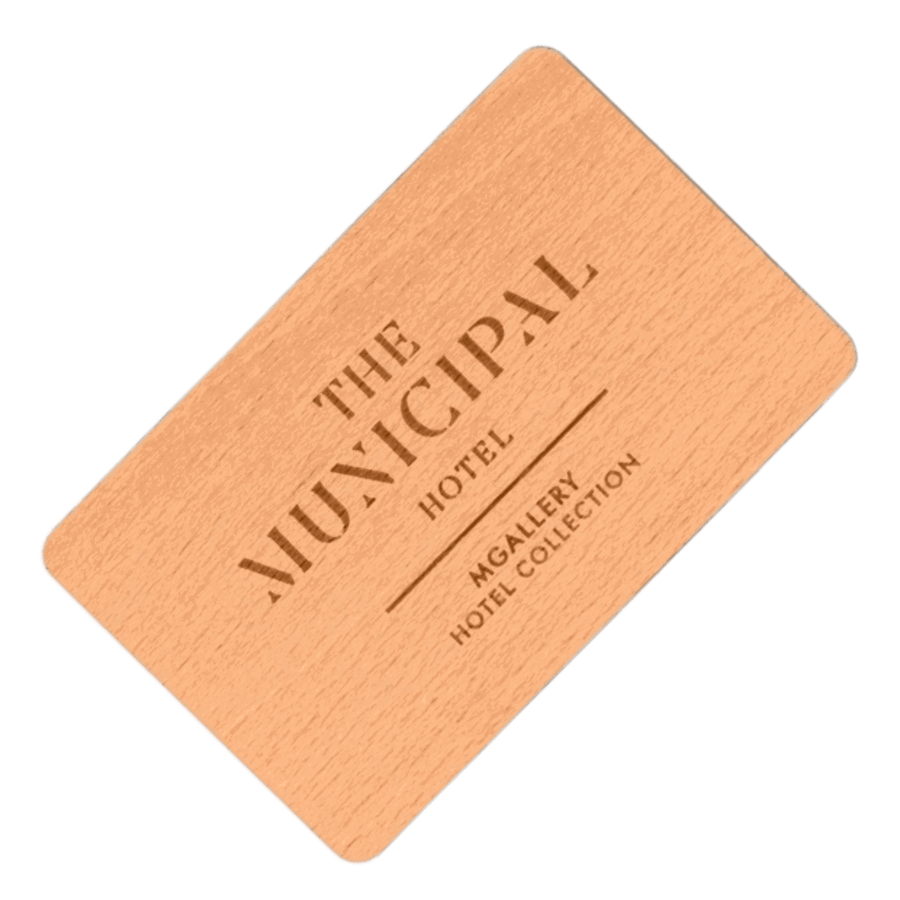 Custom engraved beech wood RFID key card for The Municipal Hotel