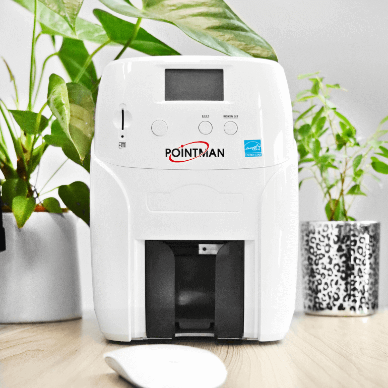Pointman Nuvia ID Card Printer pictured on a desktop